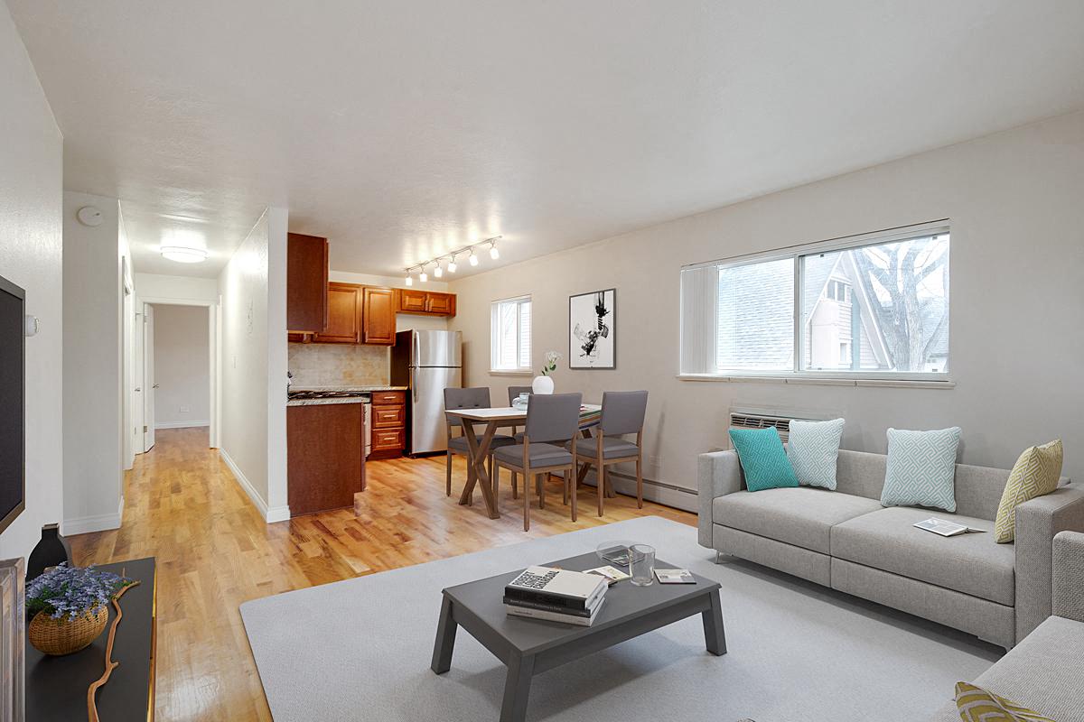 a living room with a couch and a table