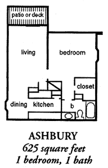 A floor plan of a 625 square foot Ashbury apartment with one bedroom and one bath.