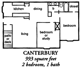 A black and white drawing of a house layout with two bedrooms and a bath.