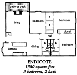 A floor plan of a 1380 square feet home with 3 bedrooms and 2 baths.