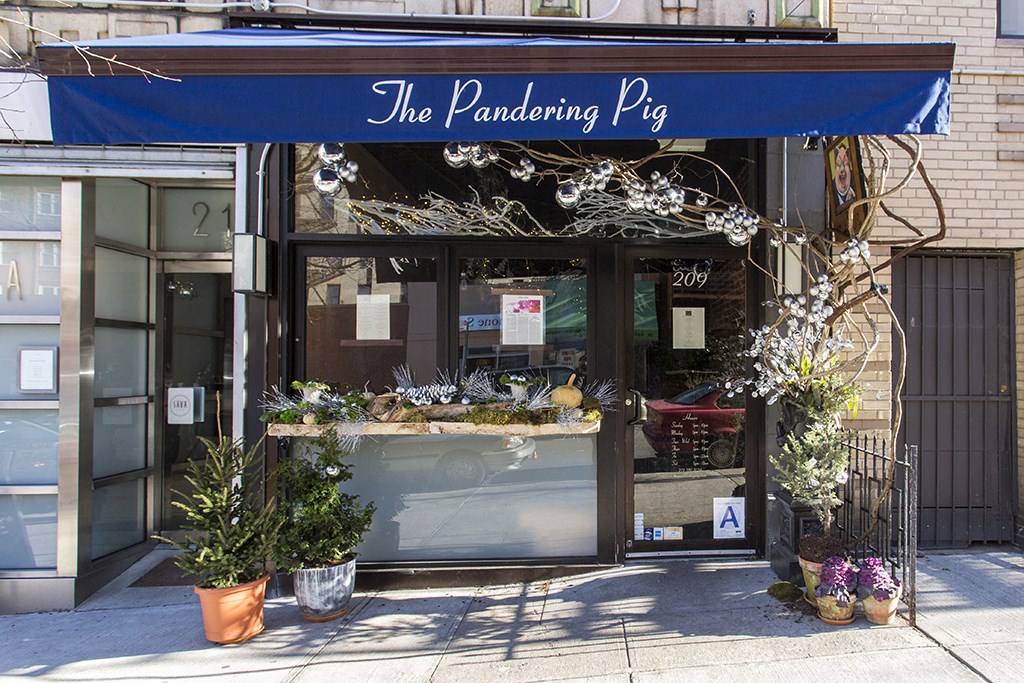 a storefront with a blue awning and plants in the window