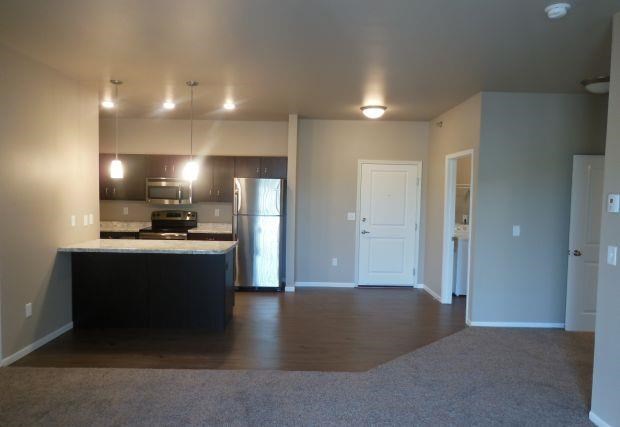 an empty living room and kitchen with a refrigerator