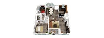 a 3d floor plan of a house with wood floors and a balcony at Legacy Apartments, Northridge, 91325