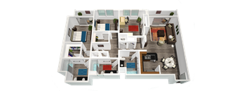a 3d rendered floor plan of a 1 bedroom apartment at Legacy Apartments, Northridge California