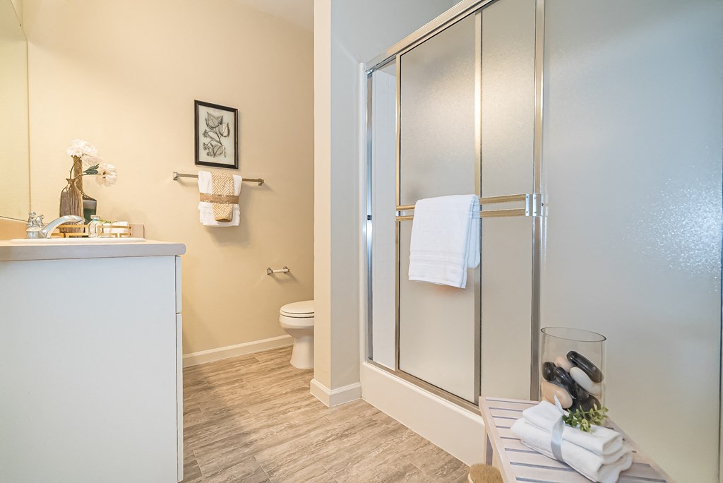 a bathroom with a shower and a sink and a toilet