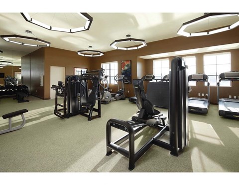 a gym with a lot of exercise equipment and windows