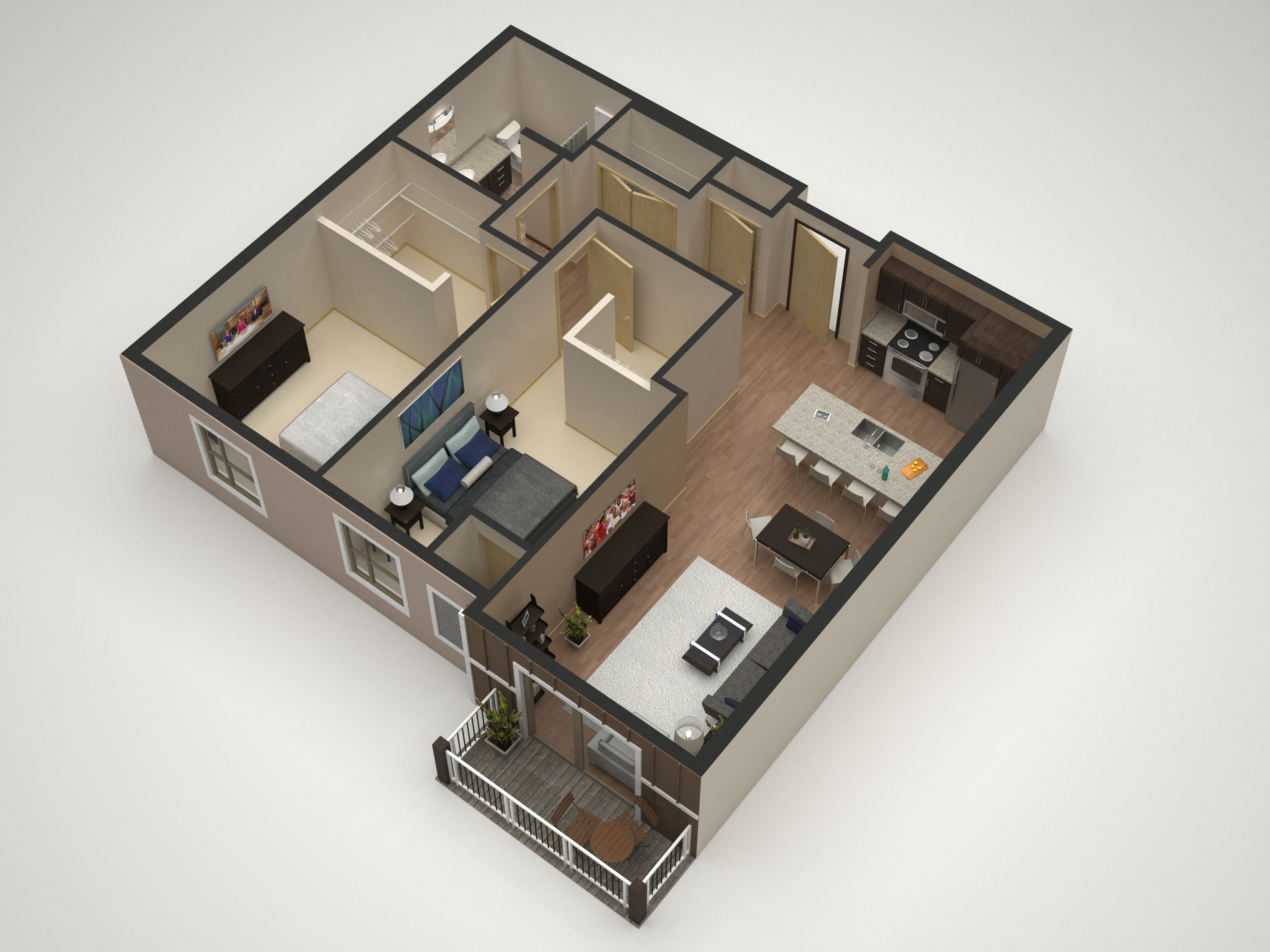 an overhead view of a 3d floor plan of a house