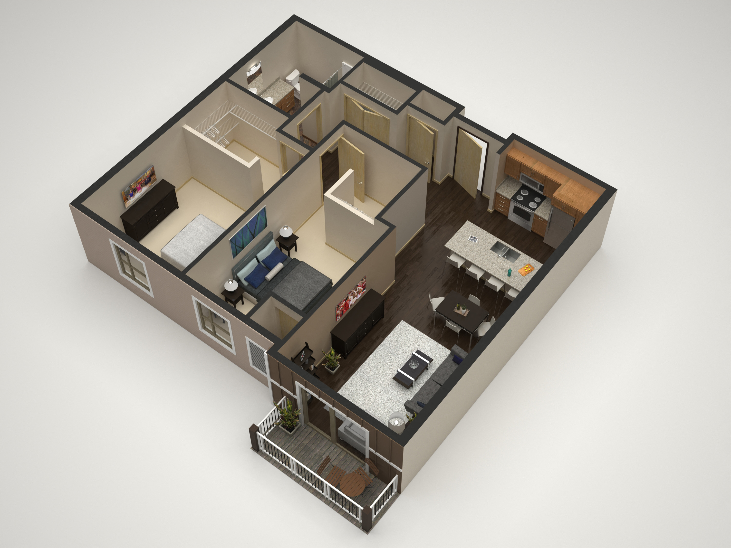 a 3d floor plan of a small apartment