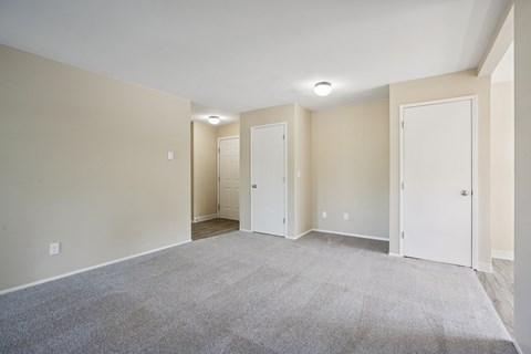A spacious room with carpeted floor and three white doors.
