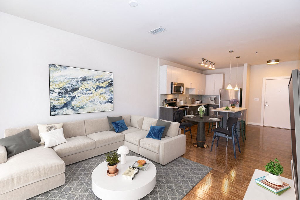 a living room with a couch and a table