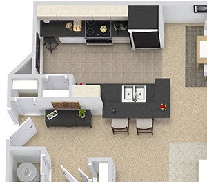 The Heritage 3D The Heritage 3D 2 bedroom apartment. Kitchen with bartop open to living & dining rooms. 1 full bathroom, double vanity. Walk-in closet. Patio/balcony with storage.