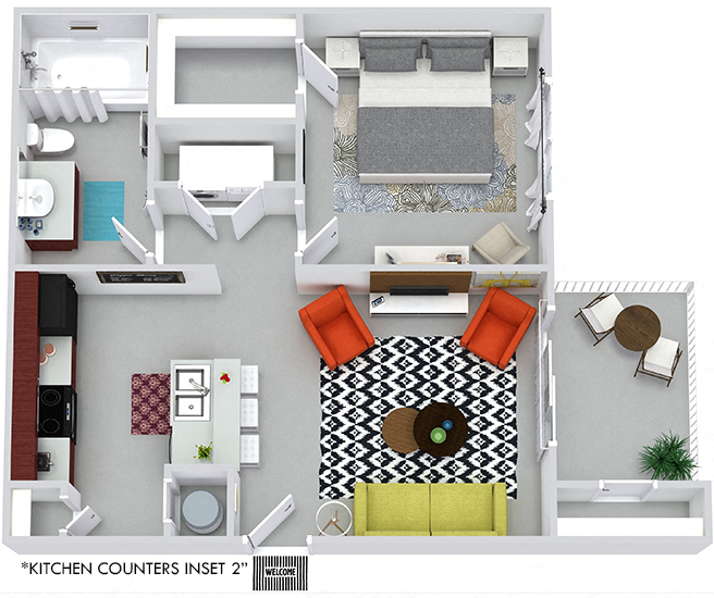 Hawkins 3D 1 bedroom apartment. Kitchen with bartop open to living room. 1 full bathroom. Walk-in closet. Patio/balcony with storage.