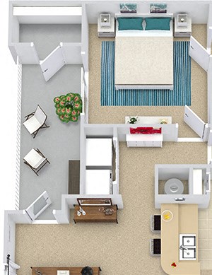 Grenada 3D. 1 bedroom apartment. Kitchen with bartop open to living/dinning rooms. 1 full bathroom. Walk-in closet. Patio/balcony with storage.