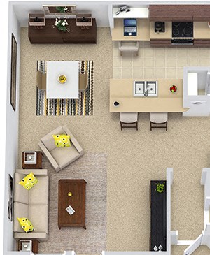 Madrid 3D. 1 bedroom apartment. Kitchen with bartop open to living/dinning rooms. 1 full bathroom. Walk-in closet. Patio/balcony. External storage.