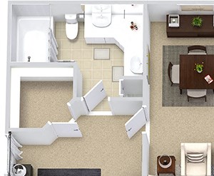 Barcelona 3D. 2 bedroom apartment. Kitchen with bartop open to living room. 2 full bathrooms, double vanities. Walk-in closets. Patio/balcony. External storage.