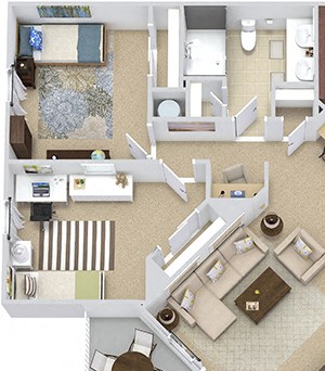 Castellon 3D. 2 bedroom apartment. Kitchen with bartop open to living room. 2 full bathrooms, double vanities. Walk-in closet in master. Patio/balcony. External storage.