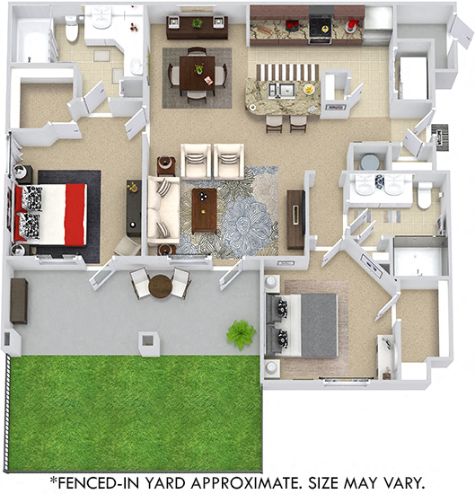 Barcelona with Fenced-in Yard 3D. 2 bedroom apartment. Kitchen with bartop open to living room. 2 full bathrooms, double vanities. Walk-in closets. Patio/balcony open to yard. External storage.