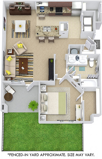 Madrid + Fenced-in Yard. 1 bedroom apartment. Kitchen with bartop open to living/dinning rooms. 1 full bathroom. Walk-in closet. Patio/balcony open to yard. External storage.