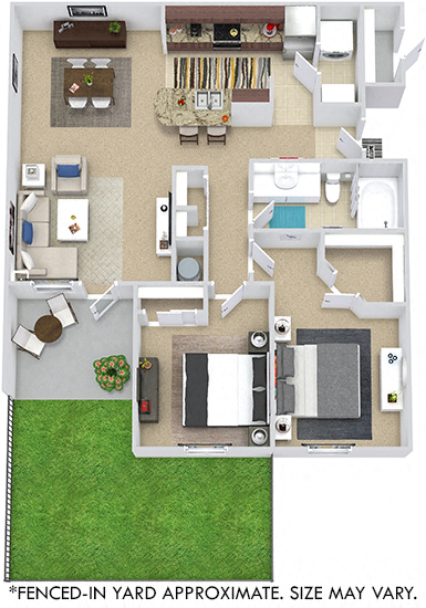 Salamanca with Fenced-in Yard. 2 bedroom apartment. Kitchen with bartop open to living room. 1 full bathroom. Walk-in closet in master. Patio/balcony open to yard. External storage.