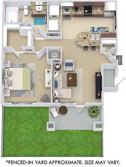 San Sebastian with Fenced-in Yard 3D. 1 bedroom apartment. Kitchen with bartop open to living room. 1 full bathroom. Walk-in closet. Patio/balcony open to yard. External storage.