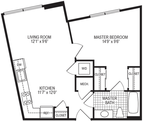 558 Square-Feet Alloy 1 Bedroom Floorplan at Fahrenheit Apartments, Washington, DC, 20011