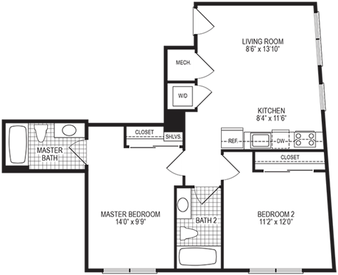 742 Square-Feet Spark 2 Bedroom Floorplan at Fahrenheit Apartments, Washington, DC