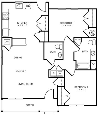 2 Bed 1.5 Bath Floor Plan 2