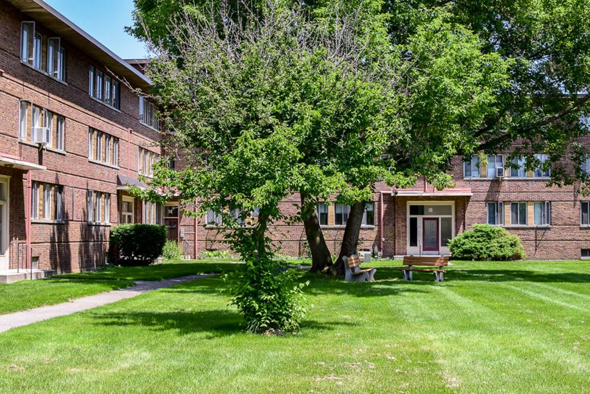 our apartments have a spacious courtyard with a tree and a picnic table