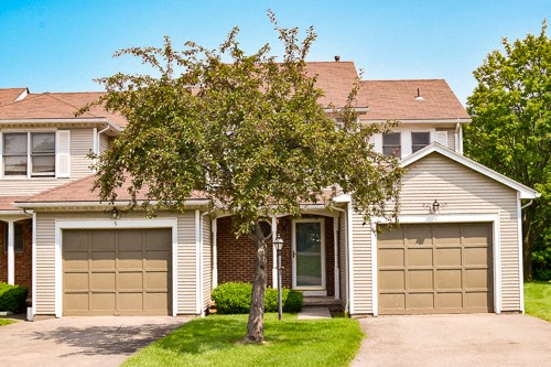 a house with two garage doors and a tree in front of it
