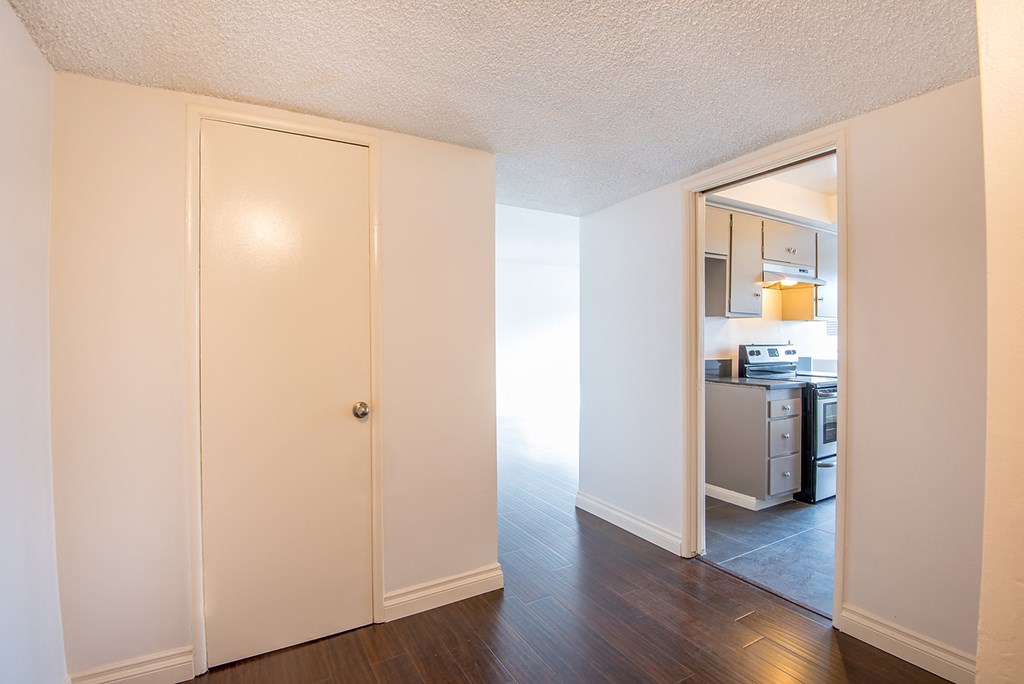 an empty living room and kitchen with a door to a closet