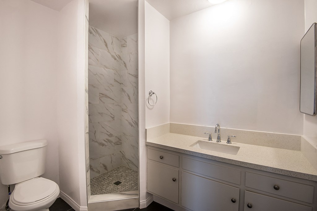 a bathroom with a sink toilet and a shower