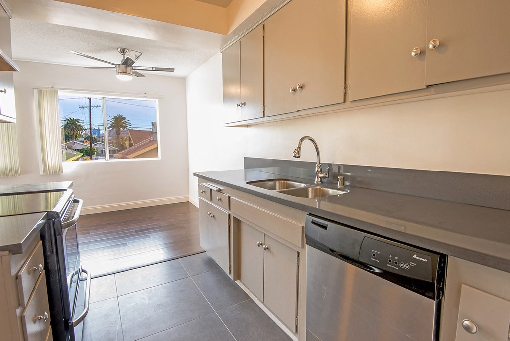 a kitchen with stainless steel appliances and a window