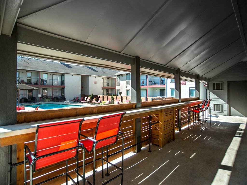 Shaded Lounge Area By Pool at Verge, Dallas, TX, 75240