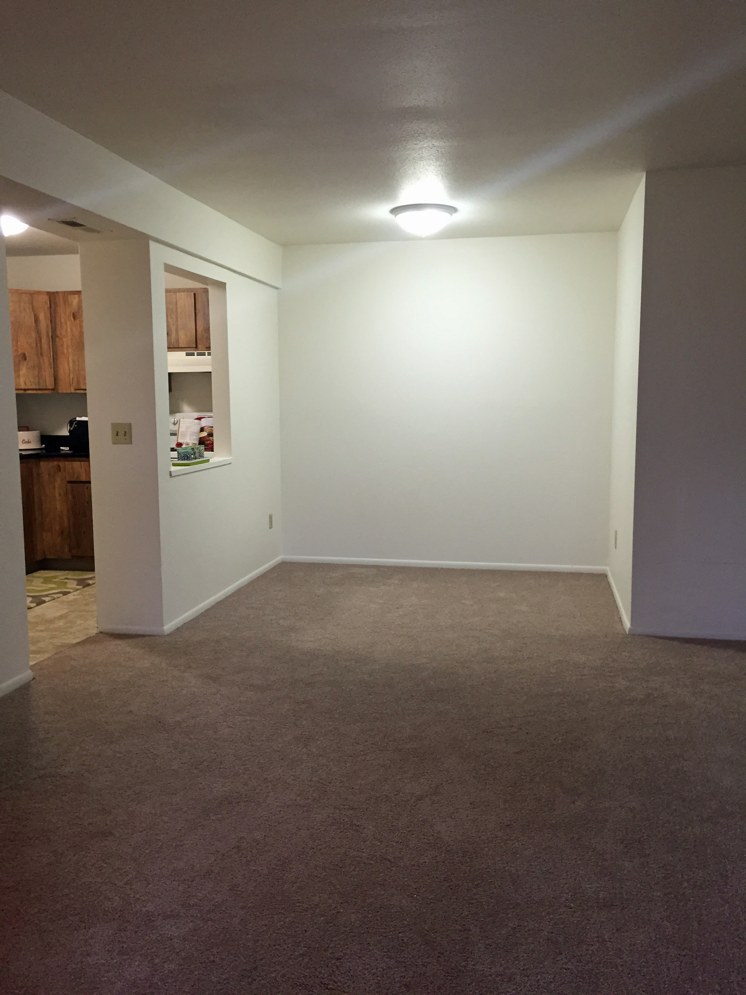 a living room with a carpet and a white wall