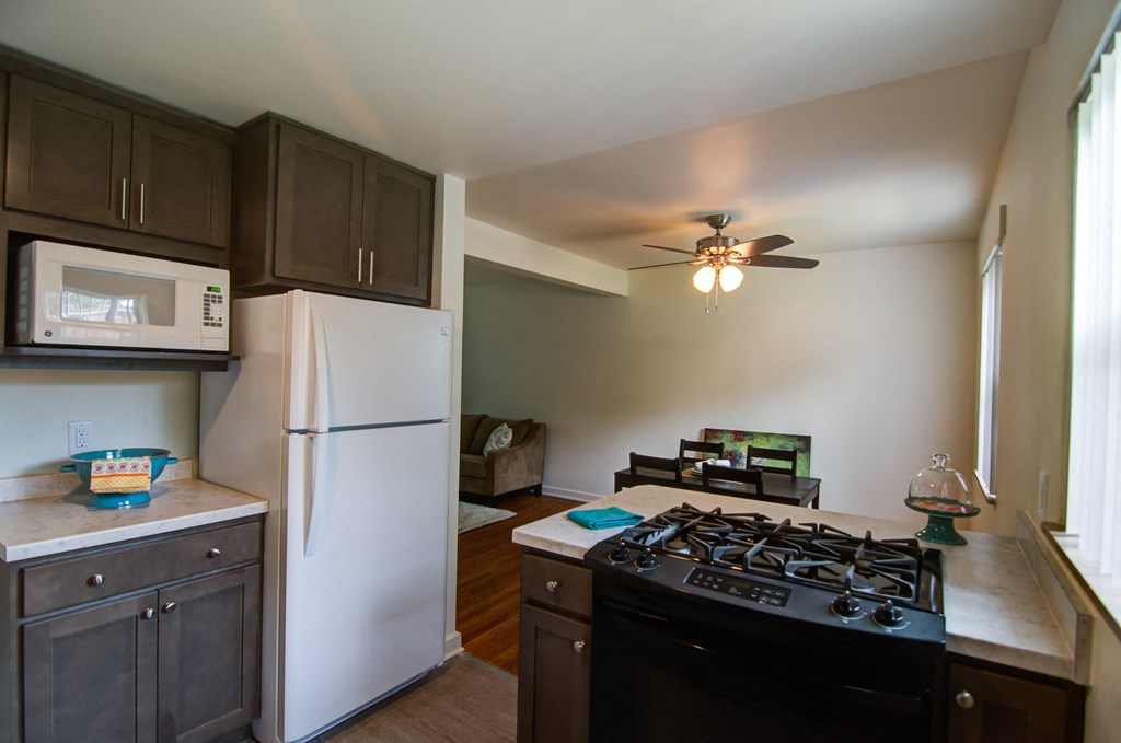 a kitchen with a stove and a refrigerator and a ceiling fan