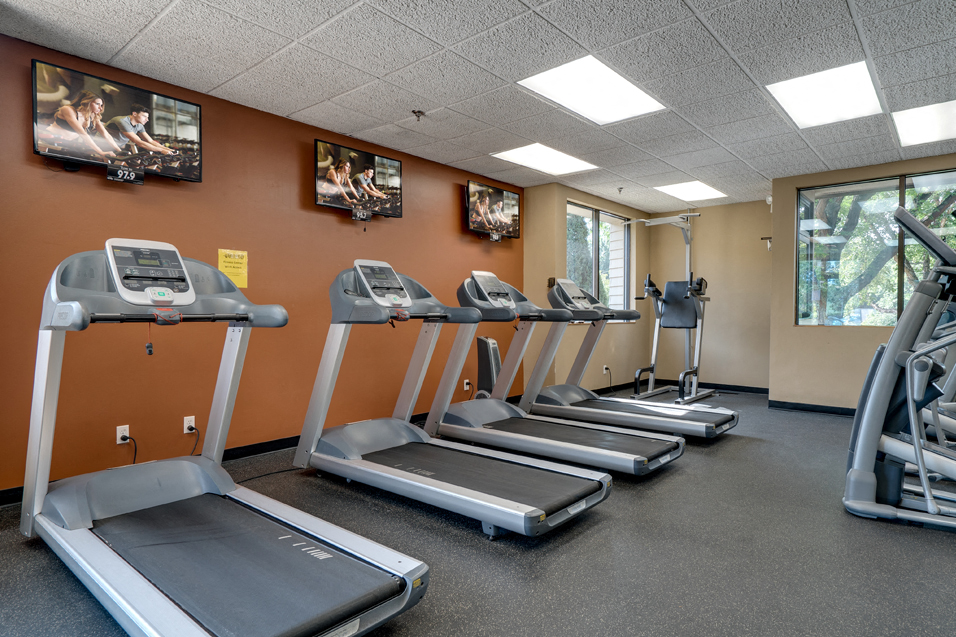 Fitness room with treadmills facing TVs on an orange wall