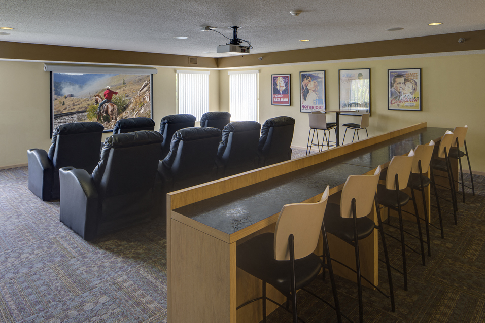 Theater room with rows of leather chairs and bar seating