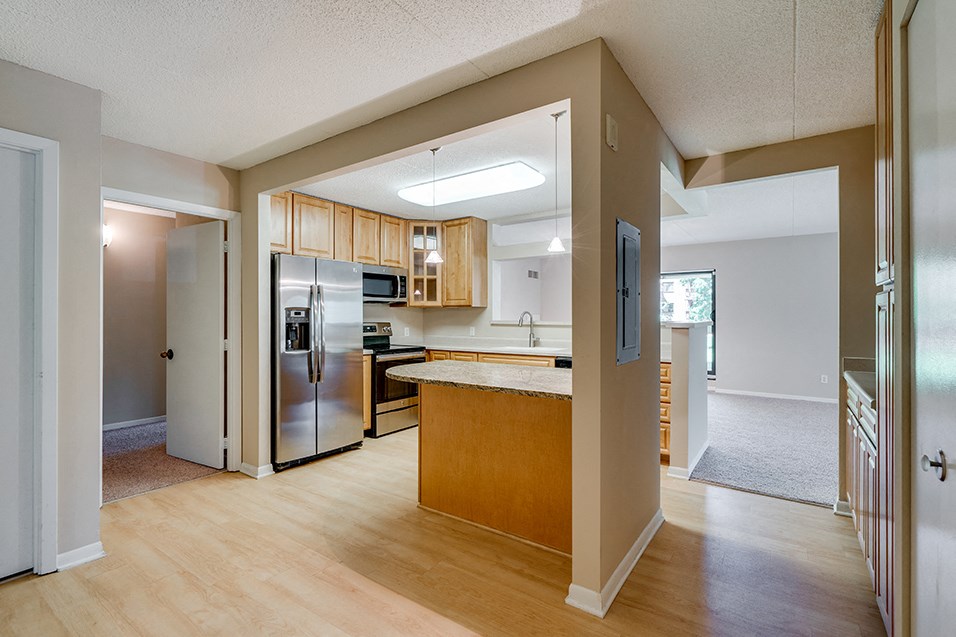 the view of a kitchen and living room from the entrance of a house