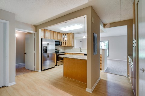 the view of a kitchen and living room from the entrance of a house
