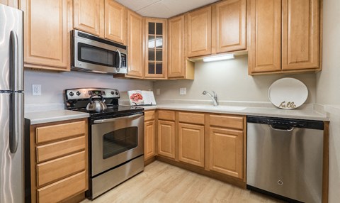a kitchen with stainless steel appliances and wooden cabinets
