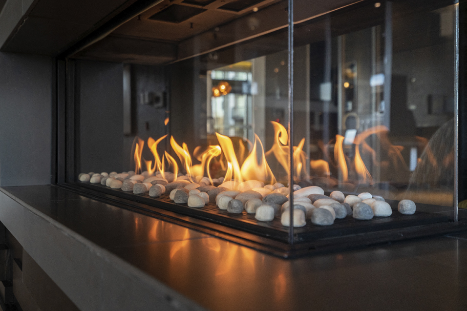 Close up of gas fireplace in the lobby