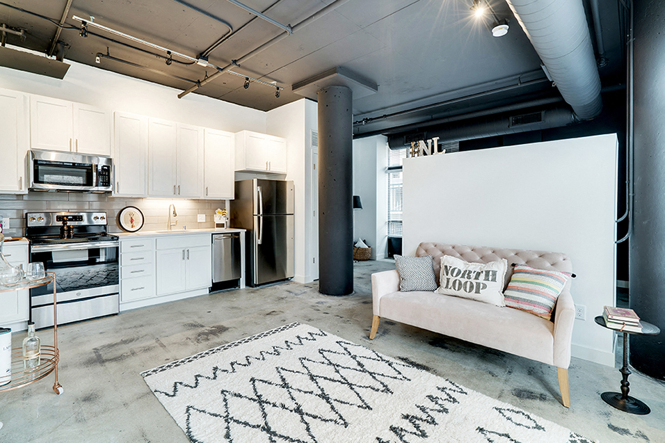 Studio apartment kitchen and living room