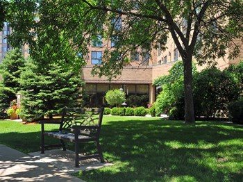 Outside of apartment building with a park bench underneath a tree's shade - Photo Gallery 2