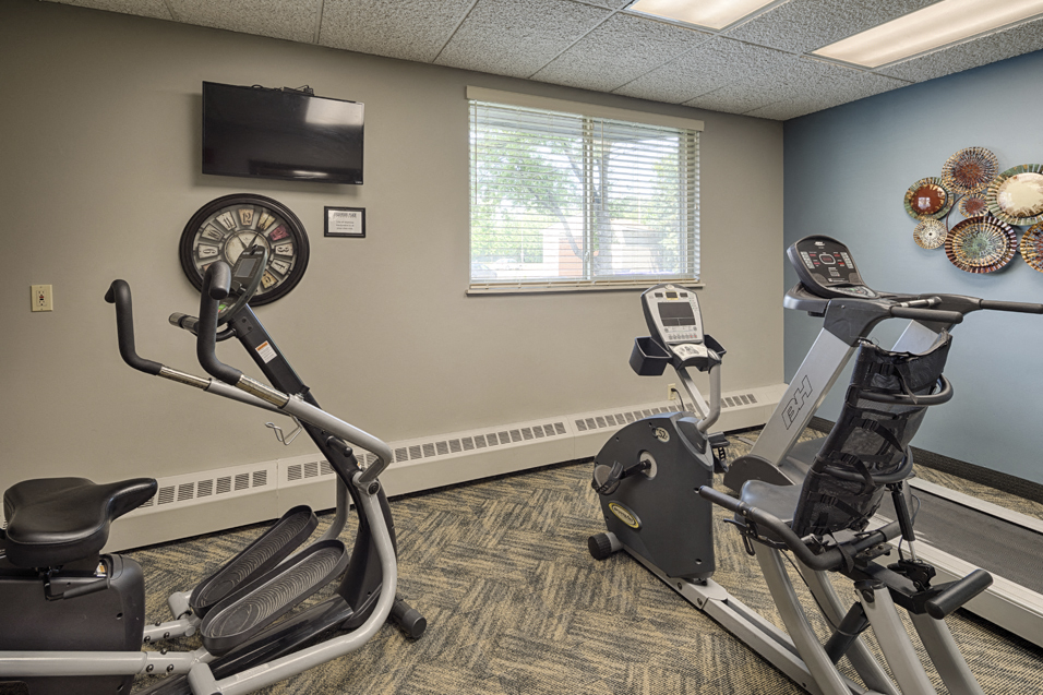 Fitness room with elipticals, treadmil, and a TV mounted on the wall