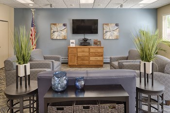 Community room with chairs facing a television, plants on side tables, art on the wall, and an American flag in the corner - Photo Gallery 6