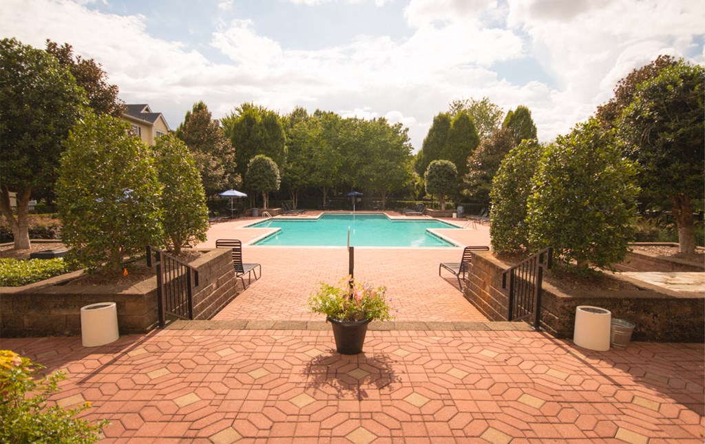 a swimming pool surrounded by trees and a brick patio with a potted plant