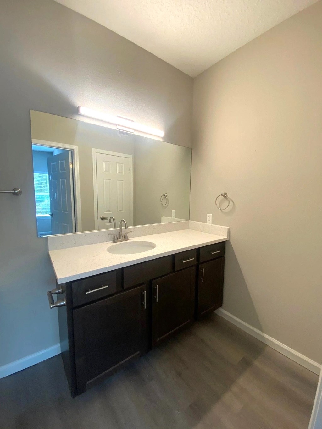a bathroom with a sink and a large mirror