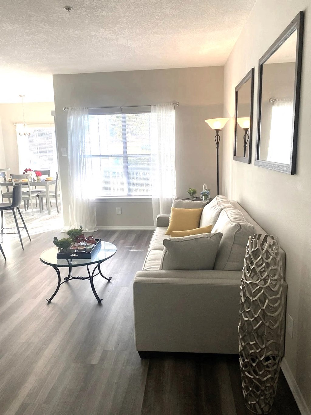 a living room with a couch and a table
