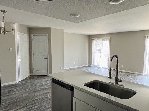 A kitchen with a sink and a dishwasher.