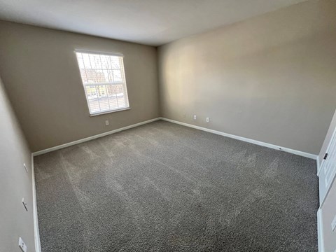 A room with a carpeted floor and a window.